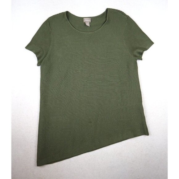 CHICO'S WOMEN'S GREEN RIBBED SHORT SLEEVE ASYMMETRICAL SWEATER - SIZE 1 - Picture 2 of 7
